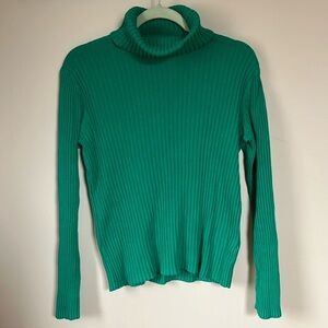 VINTAGE L.L. BEAN 100% Cotton Kelly Green Ribbed Turtleneck S